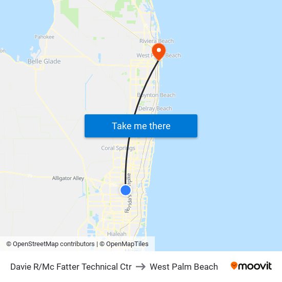Davie R/Mc Fatter Technical Ctr to West Palm Beach map