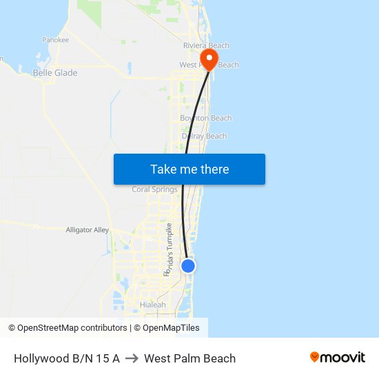Hollywood B/N 15 A to West Palm Beach map