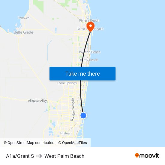 A1A/GRANT S to West Palm Beach map