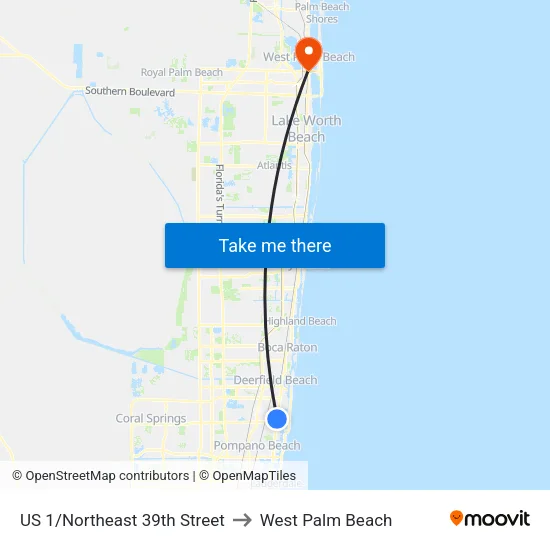 US 1/Northeast 39th Street to West Palm Beach map