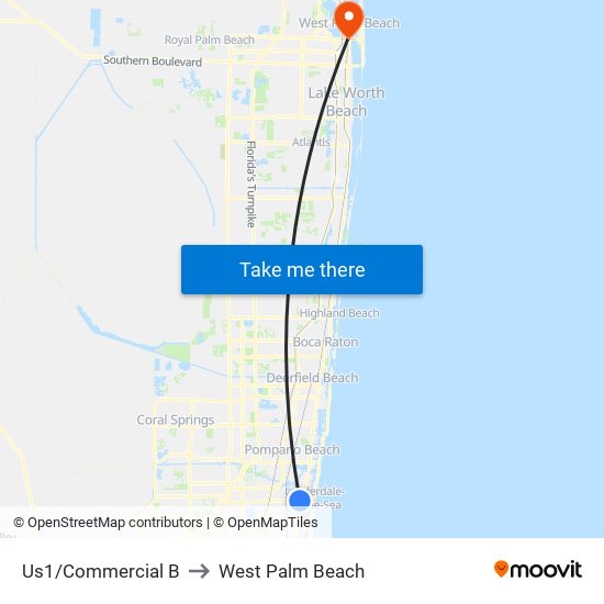 US1/COMMERCIAL B to West Palm Beach map