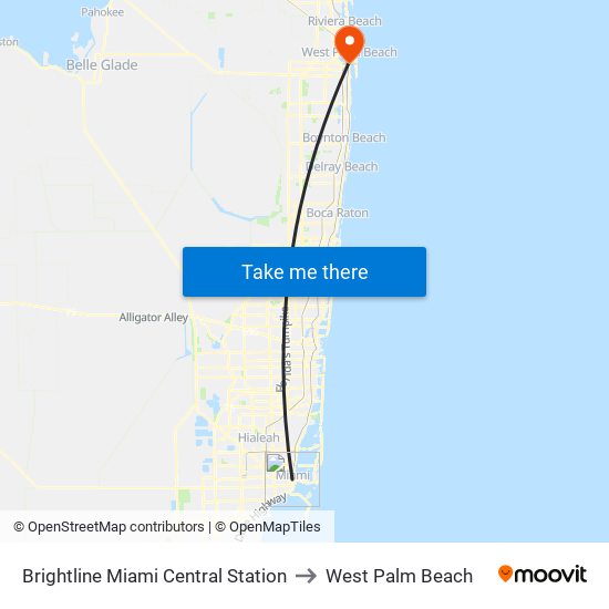 Brightline Miami Central Station to West Palm Beach map