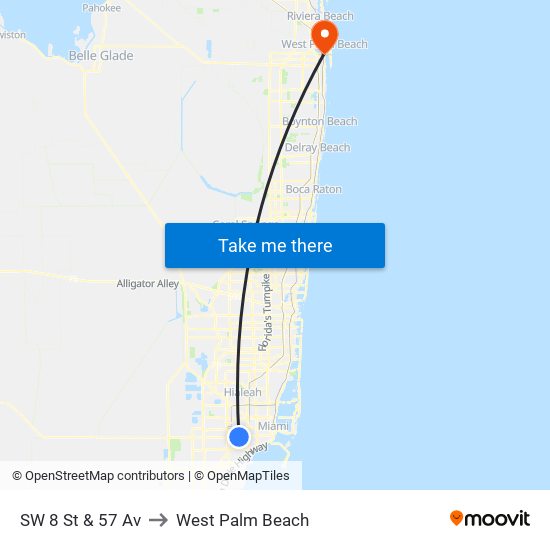 SW 8 St & 57 Av to West Palm Beach map