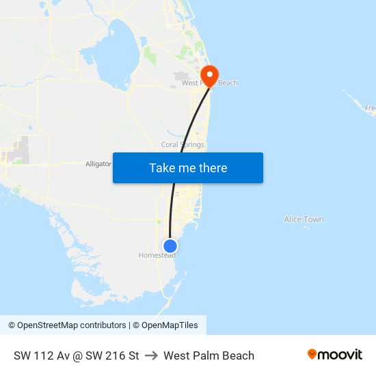 SW 112 Av @ SW 216 St to West Palm Beach map