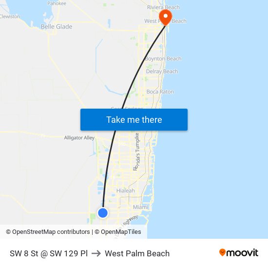 SW 8 St @ SW 129 Pl to West Palm Beach map