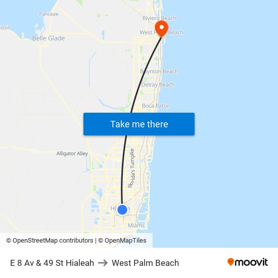 E 8 Av & 49 St Hialeah to West Palm Beach map