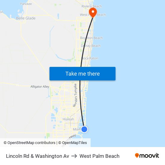 Lincoln Rd & Washington Av to West Palm Beach map