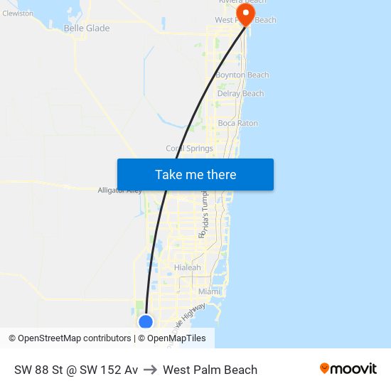 SW 88 St @ SW 152 Av to West Palm Beach map