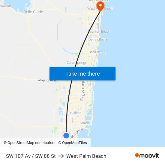 SW 107 Av / SW 88 St to West Palm Beach map