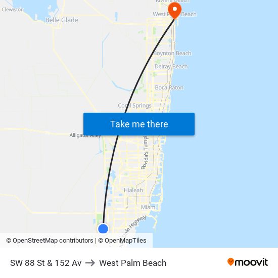 SW 88 St & 152 Av to West Palm Beach map