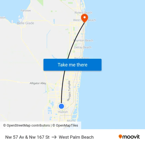 Nw 57 Av & Nw 167 St to West Palm Beach map