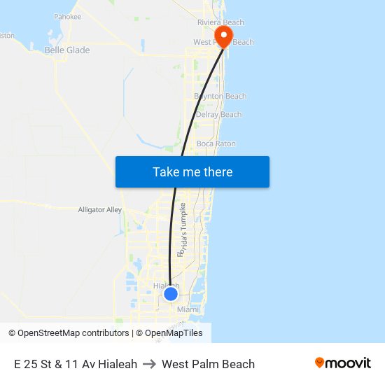 E 25 St & 11 Av Hialeah to West Palm Beach map