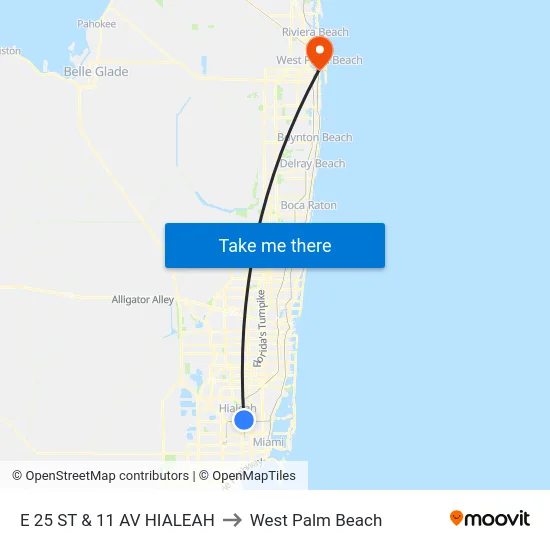 E 25 St & 11 Av Hialeah to West Palm Beach map