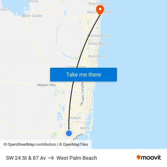 SW 24 St & 87 Av to West Palm Beach map