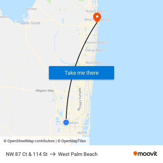 NW 87 Ct & 114 St to West Palm Beach map