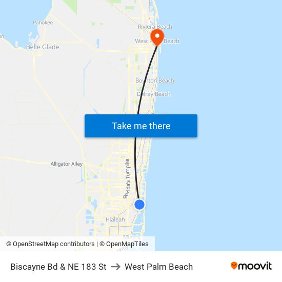 Biscayne Bd & NE 183 St to West Palm Beach map