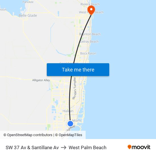 SW 37 Av & Santillane Av to West Palm Beach map