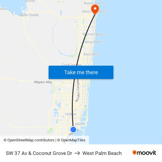 SW 37 Av & Coconut Grove Dr to West Palm Beach map