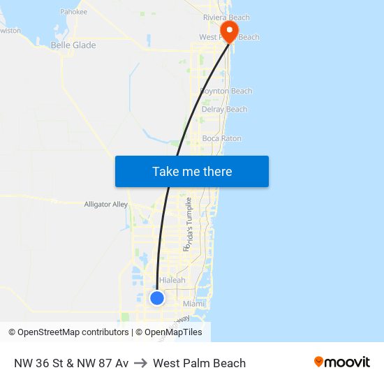 NW 36 St & NW 87 Av to West Palm Beach map