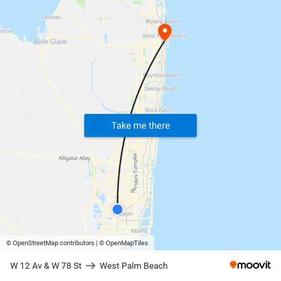 W 12 Av & W 78 St to West Palm Beach map