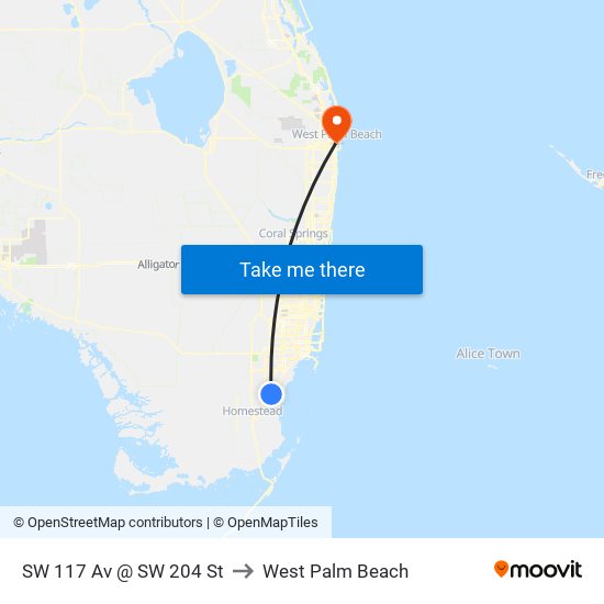 SW 117 Av @ SW 204 St to West Palm Beach map