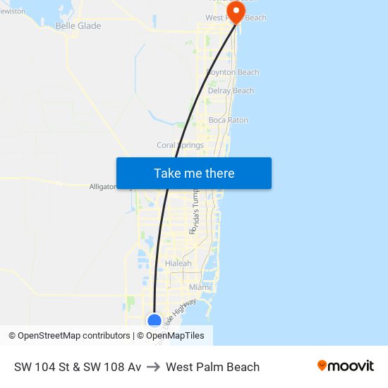 SW 104 St & SW 108 Av to West Palm Beach map