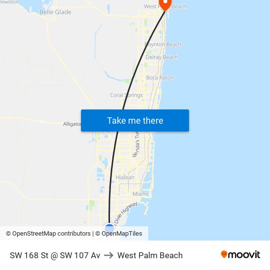 SW 168 St @ SW 107 Av to West Palm Beach map