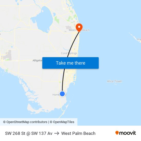 SW 268 St @ SW 137 Av to West Palm Beach map