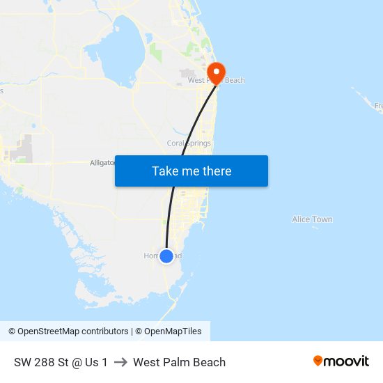 SW 288 St @ Us 1 to West Palm Beach map