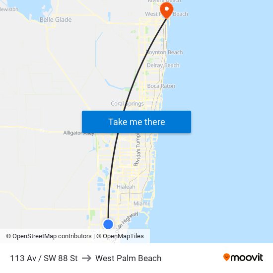 113 Av / SW 88 St to West Palm Beach map