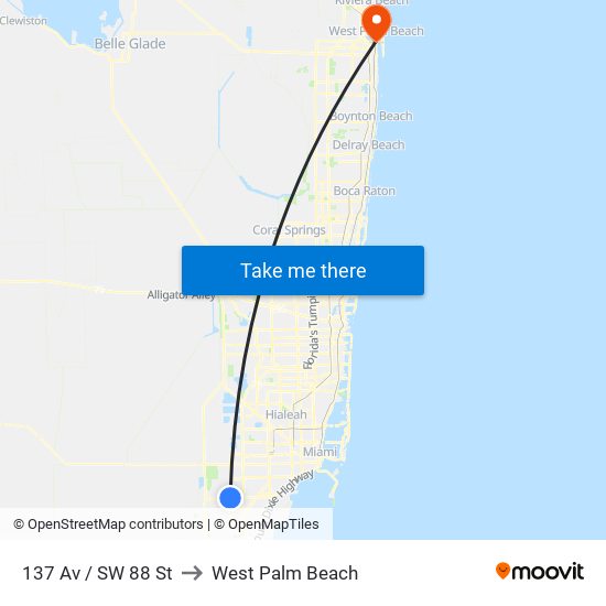 137 Av / SW 88 St to West Palm Beach map