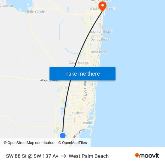 SW 88 St @ SW 137 Av to West Palm Beach map