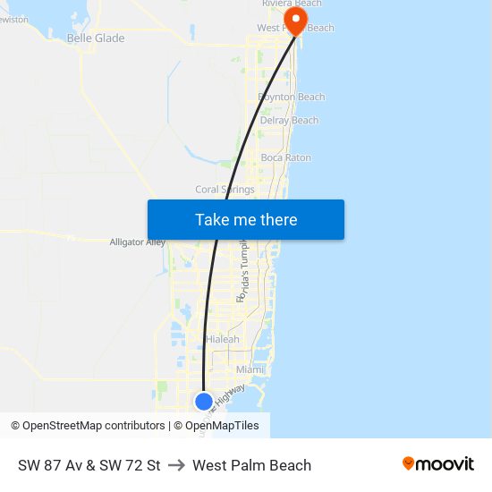 SW 87 Av & SW 72 St to West Palm Beach map