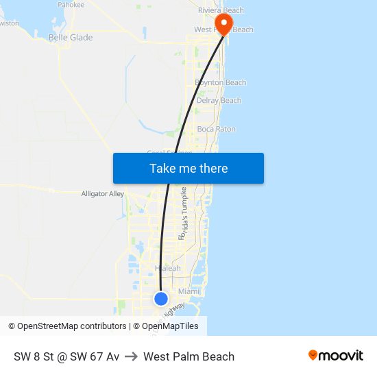 SW 8 St @ SW 67 Av to West Palm Beach map