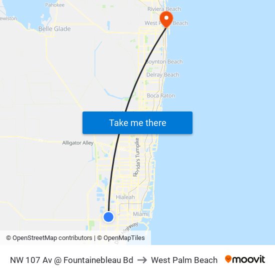 NW 107 Av @ Fountainebleau Bd to West Palm Beach map