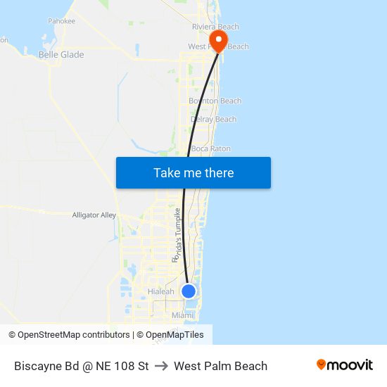 Biscayne Bd @ NE 108 St to West Palm Beach map