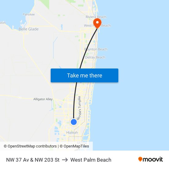 NW 37 Av & NW 203 St to West Palm Beach map