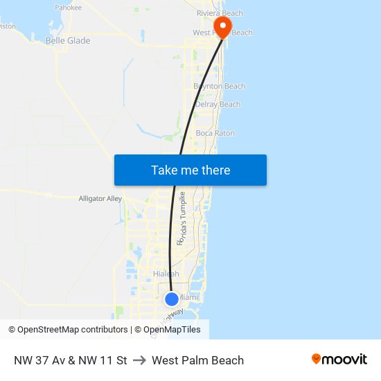NW 37 Av & NW 11 St to West Palm Beach map