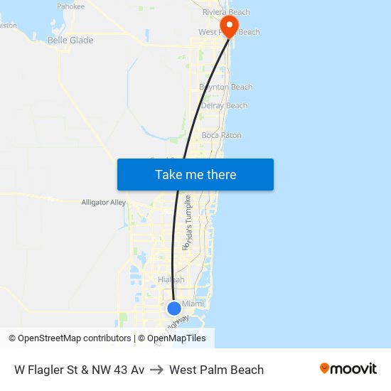 W Flagler St & NW 43 Av to West Palm Beach map