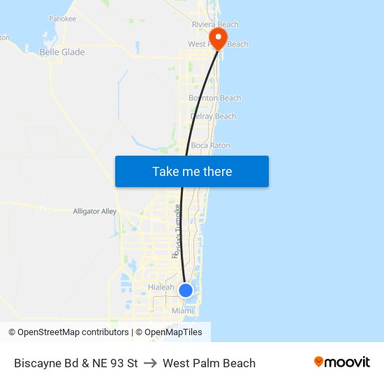 Biscayne Bd & NE 93 St to West Palm Beach map