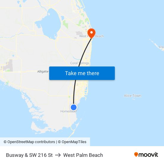 Busway & SW 216 St to West Palm Beach map