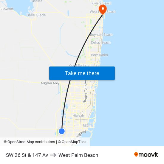 SW 26 St & 147 Av to West Palm Beach map