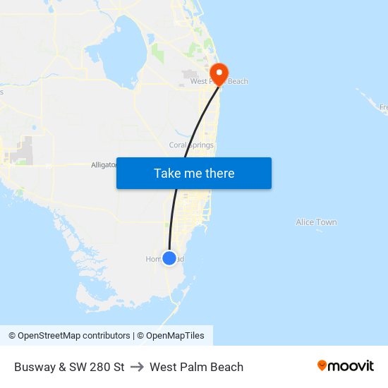 Busway & SW 280 St to West Palm Beach map