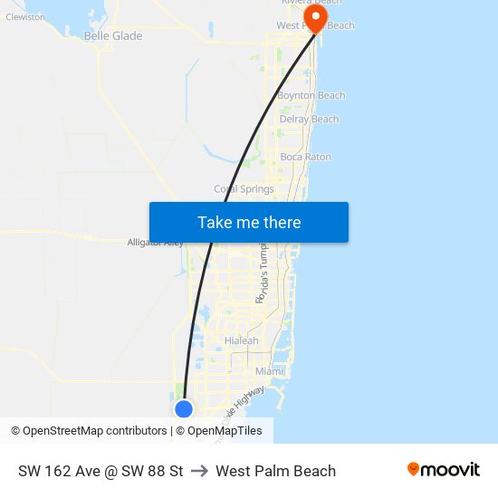 SW 162 Ave @ SW 88 St to West Palm Beach map