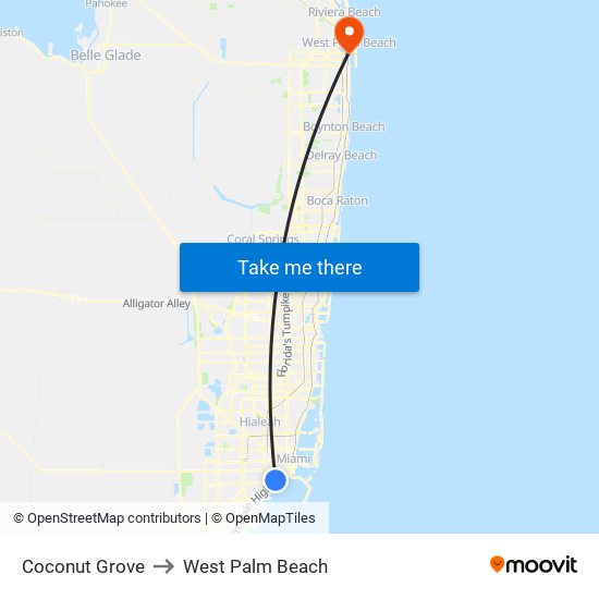 Coconut Grove to West Palm Beach map