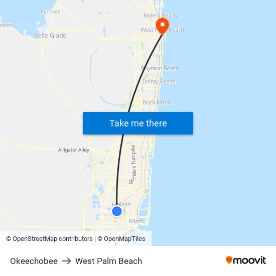 Okeechobee to West Palm Beach map