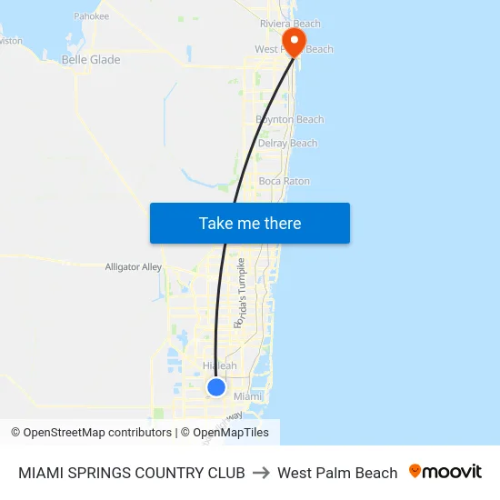 Miami Springs Country Club to West Palm Beach map