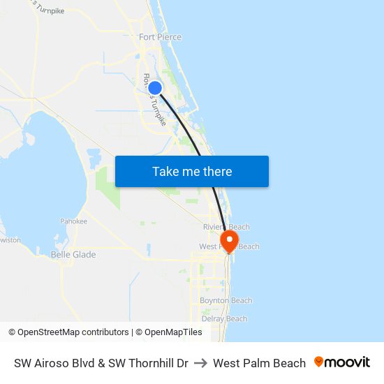 SW Airoso Blvd & SW Thornhill Dr to West Palm Beach map