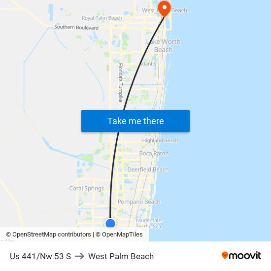 US 441/NW 53 S to West Palm Beach map