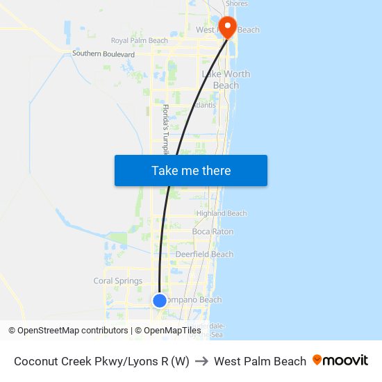 Coconut Creek Pkwy/Lyons R (W) to West Palm Beach map